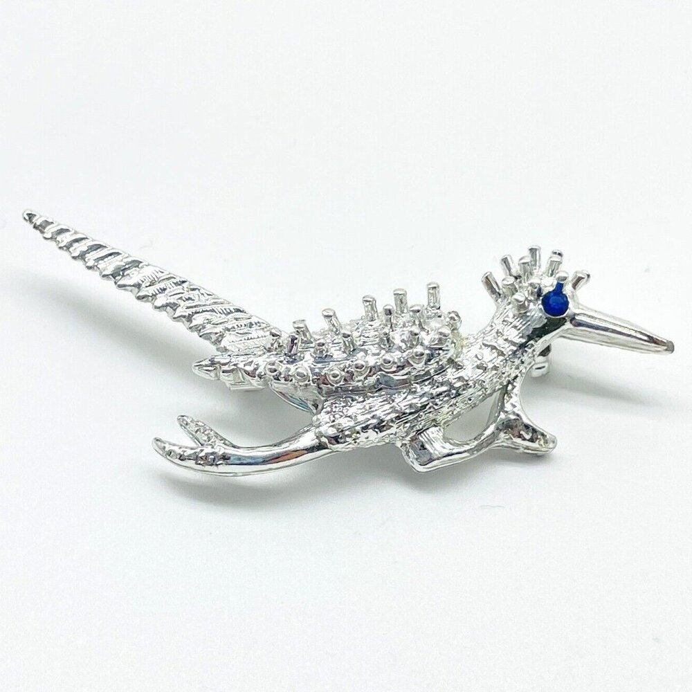 Vintage Roadrunner Bird Brooch Rhinestone Eye Silver Tone